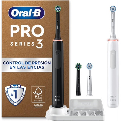 Oral-B Pro 3 3900N Cepillos de Dientes Eléctricos (Pack de 2) con Mango Recargable y 2 Cabezales de Recambio, Diseñado por