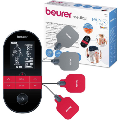 Beurer EM 59 Electroestimulador digital con función calor, tens, ems y masaje, 2 canales, función calor, 4 electrodos, con pads