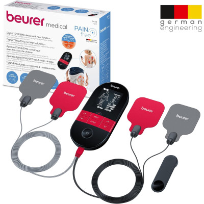 Beurer EM 59 Electroestimulador digital con función calor, tens, ems y masaje, 2 canales, función calor, 4 electrodos, con pads