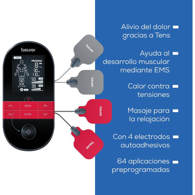 Beurer EM 59 Electroestimulador digital con función calor, tens, ems y masaje, 2 canales, función calor, 4 electrodos, con pads