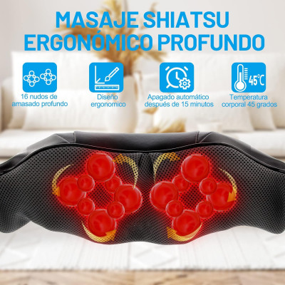 TAKRINK Masajeador Shiatsu 16 Cabezales de Masaje Integrados Masajeador de Hombros Cuello 3 Niveles de Velocidad Dirección