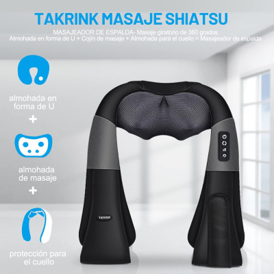 TAKRINK Masajeador Shiatsu 16 Cabezales de Masaje Integrados Masajeador de Hombros Cuello 3 Niveles de Velocidad Dirección