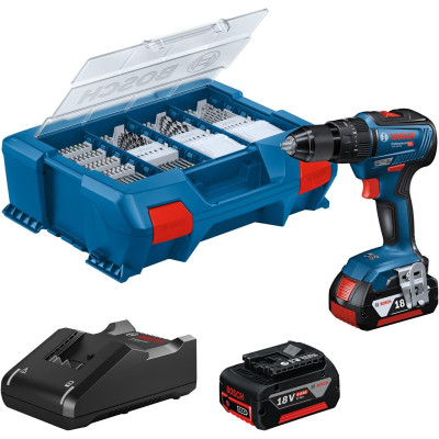 Bosch Professional 18V System GSB 18V-55 - Taladro percutor a batería (Brushless, 55 Nm, 2 baterías x 4.0 Ah, set 82 accesorios,